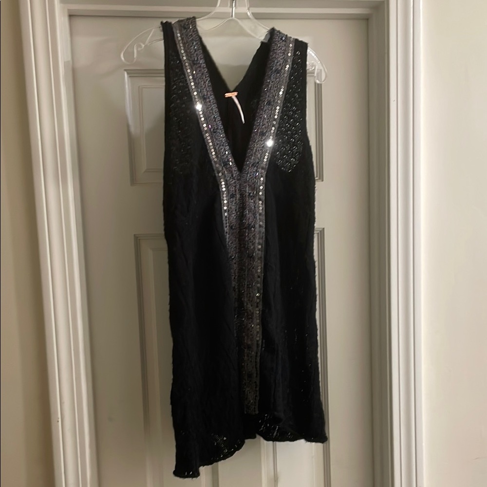 Free People Black Knit Top with Silver Accents